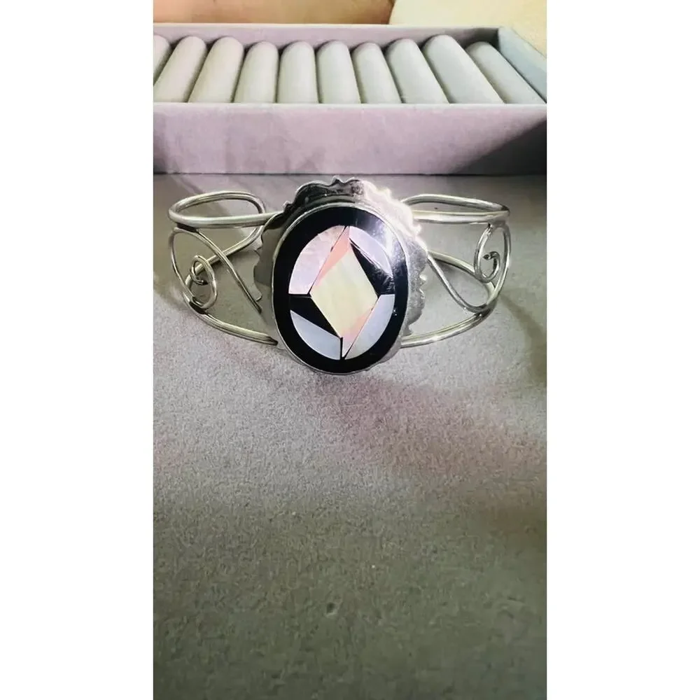 Vintage Silver-Tone Geometric Inlay Cuff Bracelet